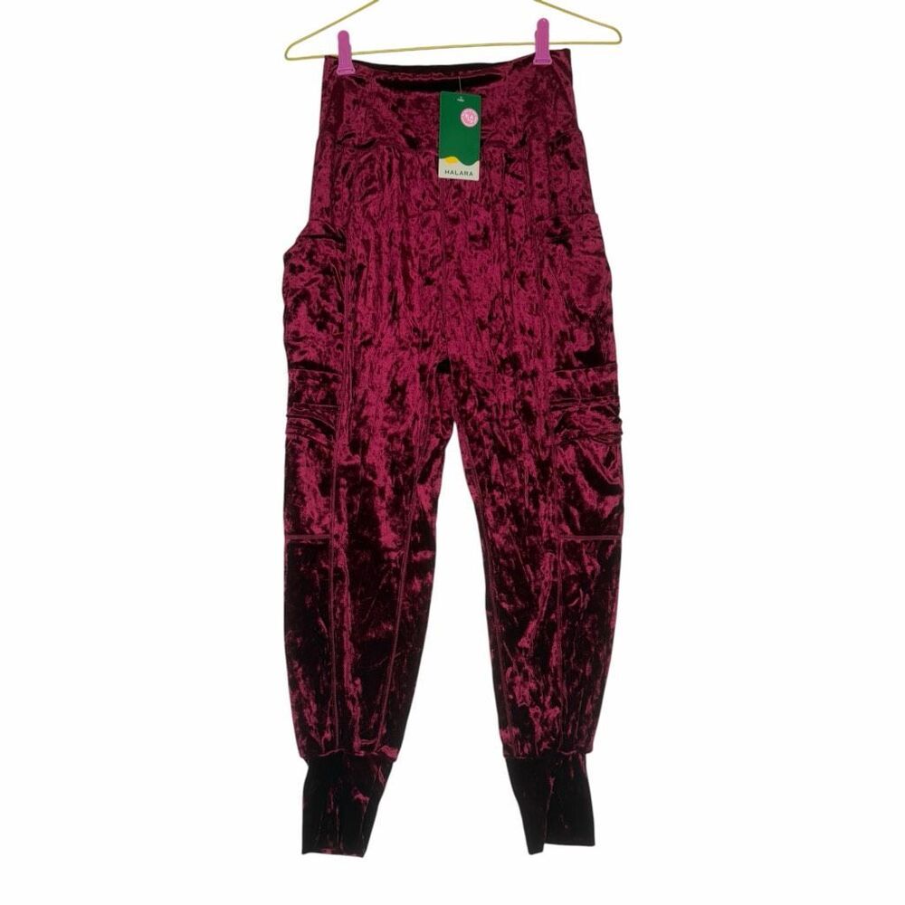 NEW Halara XS‎ Burgundy Crushed Velvet Cargo Harem Jogger Pants